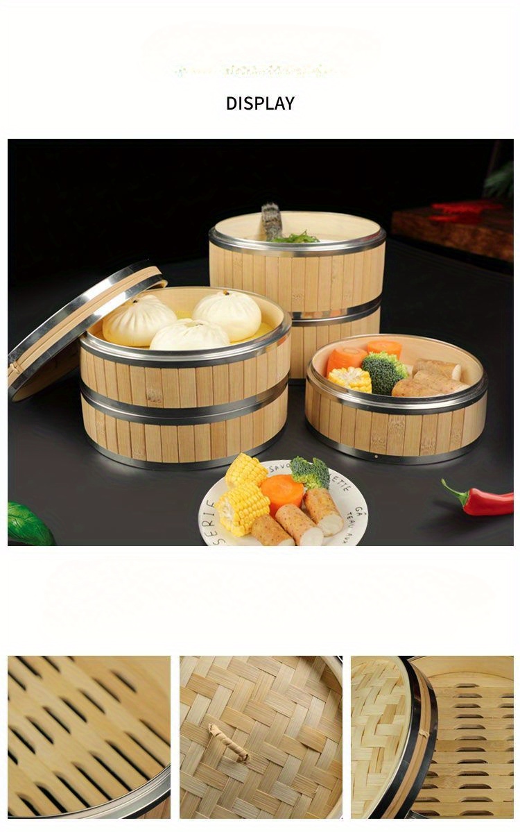 2 tier handmade bamboo steamer with stainless steel lid   dumplings seafood vegetables ideal for   restaurants outdoor camping details 4