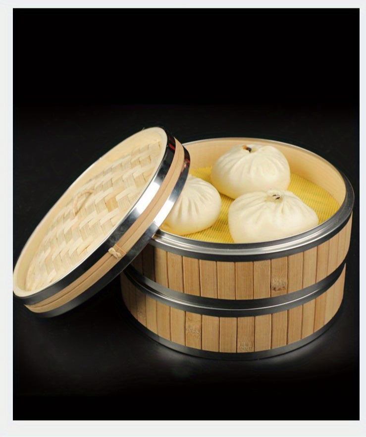 2 tier handmade bamboo steamer with stainless steel lid   dumplings seafood vegetables ideal for   restaurants outdoor camping details 8