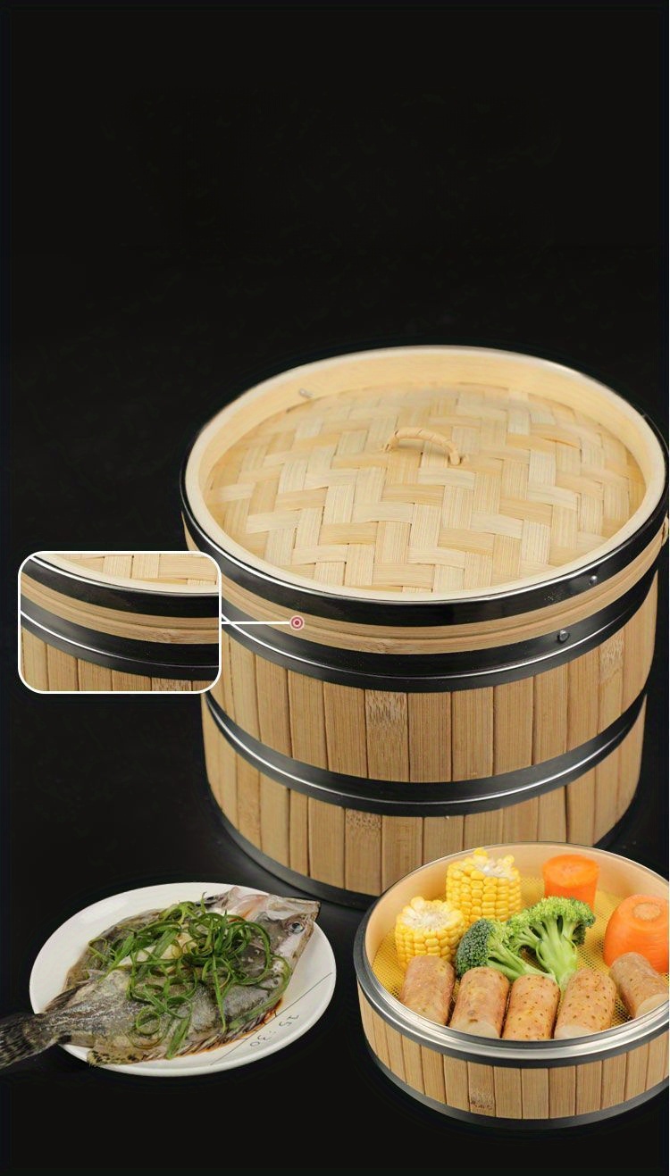 2 tier handmade bamboo steamer with stainless steel lid   dumplings seafood vegetables ideal for   restaurants outdoor camping details 10