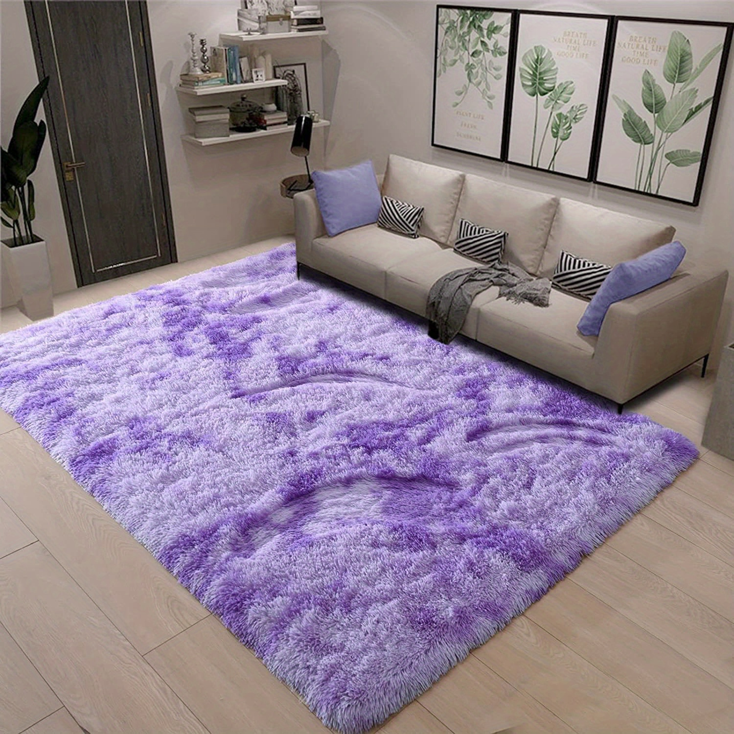 Image of 1pc Purple Bedroom Living Room Area Rug, Tie Dye Shag Rug, Christmas Decorations, Purple Carpet, Fluffy Plush Soft Rug For Indoor Lounge, Washable Non-slip Furry Floor Rug For Home Decor