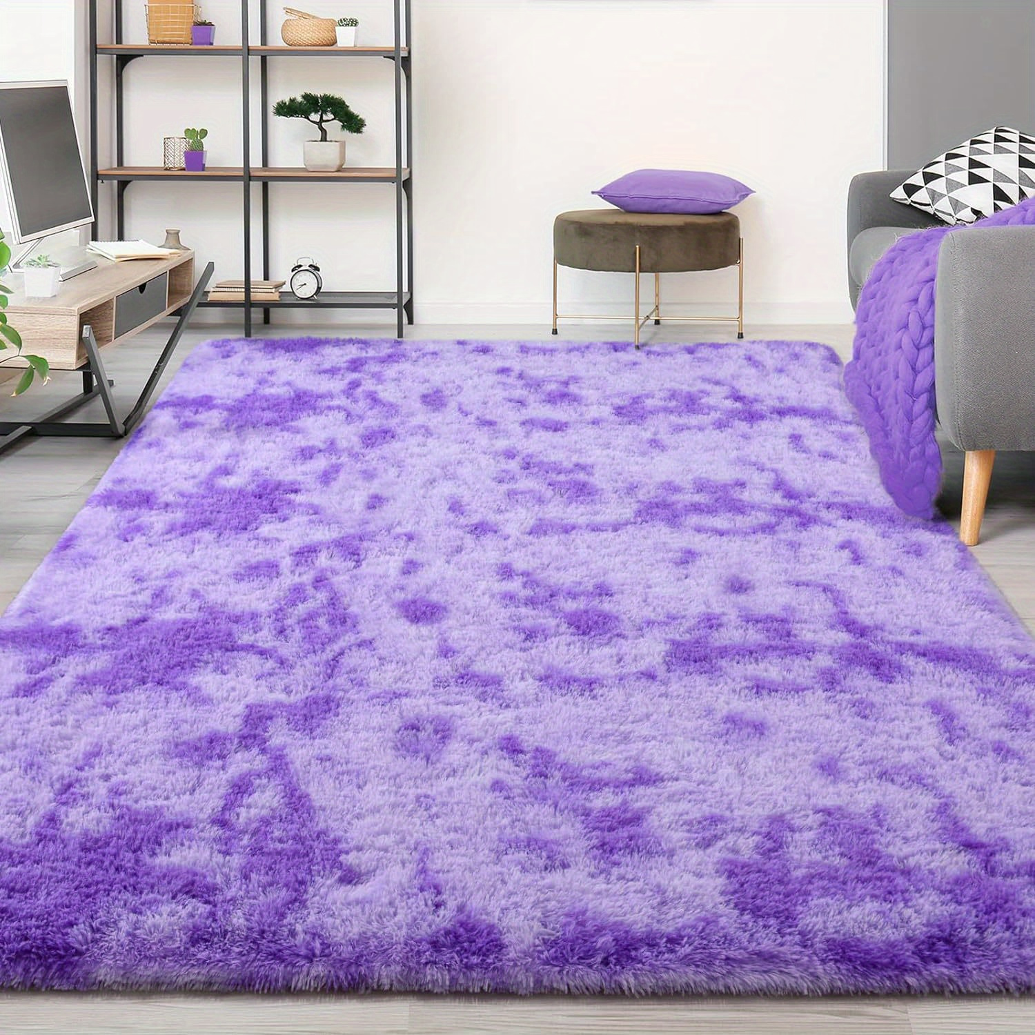 1pc Purple Bedroom Living Room Area Rug, Tie Dye Shag Rug, Christmas Decorations, Purple Carpet, Fluffy Plush Soft Rug For Indoor Lounge, Washable Non-slip Furry Floor Rug For Home Decor