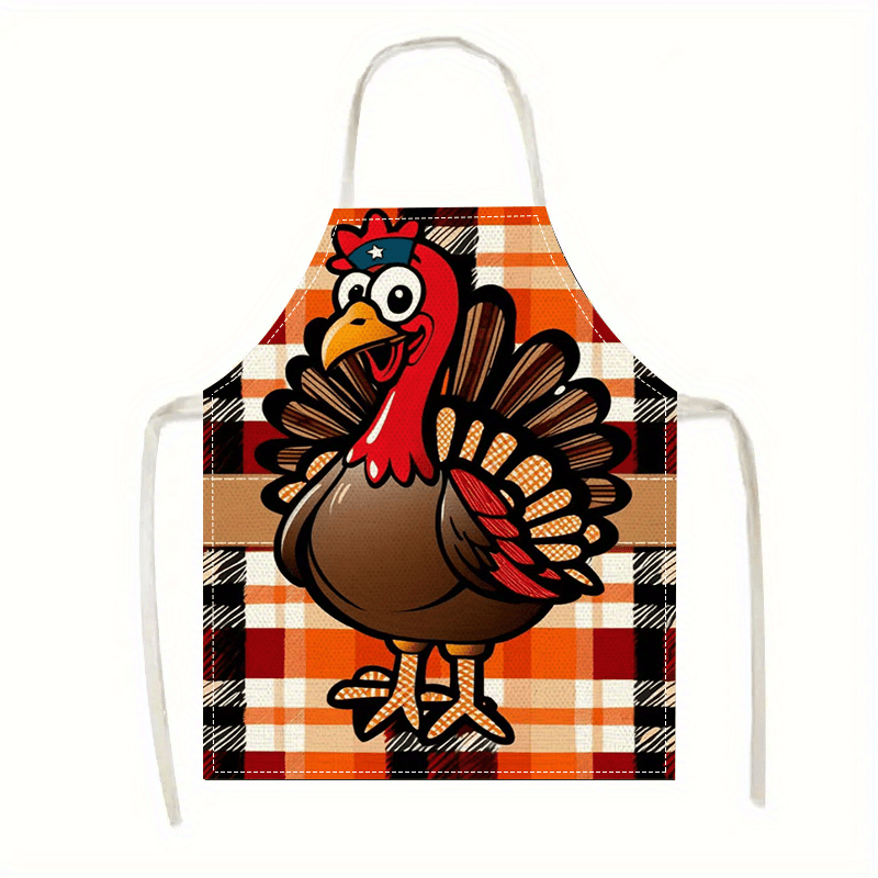 

Thanksgiving Turkey Rooster Plaid Linen Apron - 1pc Woven Kitchen Apron, , Durable, Stain-resistant, Sleeveless Cooking Apron For Kitchen Accessories