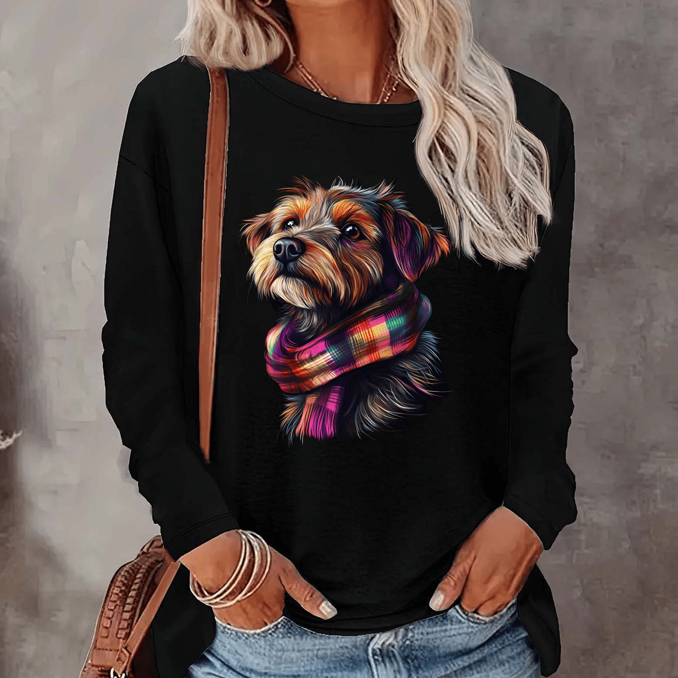 

Print Long Sleeve T-shirt With Scarf Detail - & Stylish, Fall/winter Women'