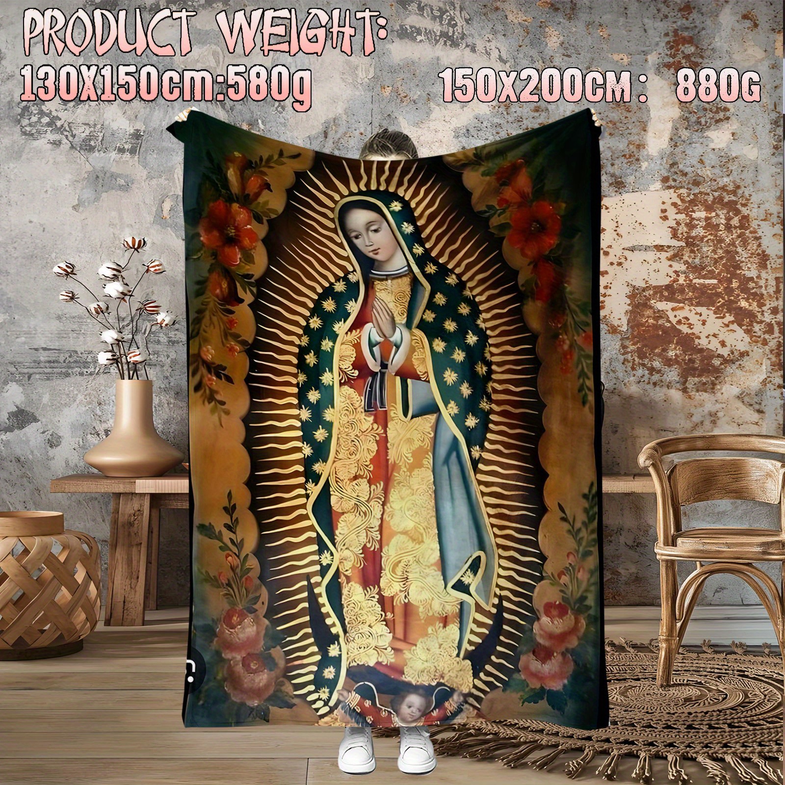   of guadalupe prayer pattern   flannel fleece throw blanket lightweight   warm soft blanket for sofa home office nap travel   polyester knitted machine washable details 1