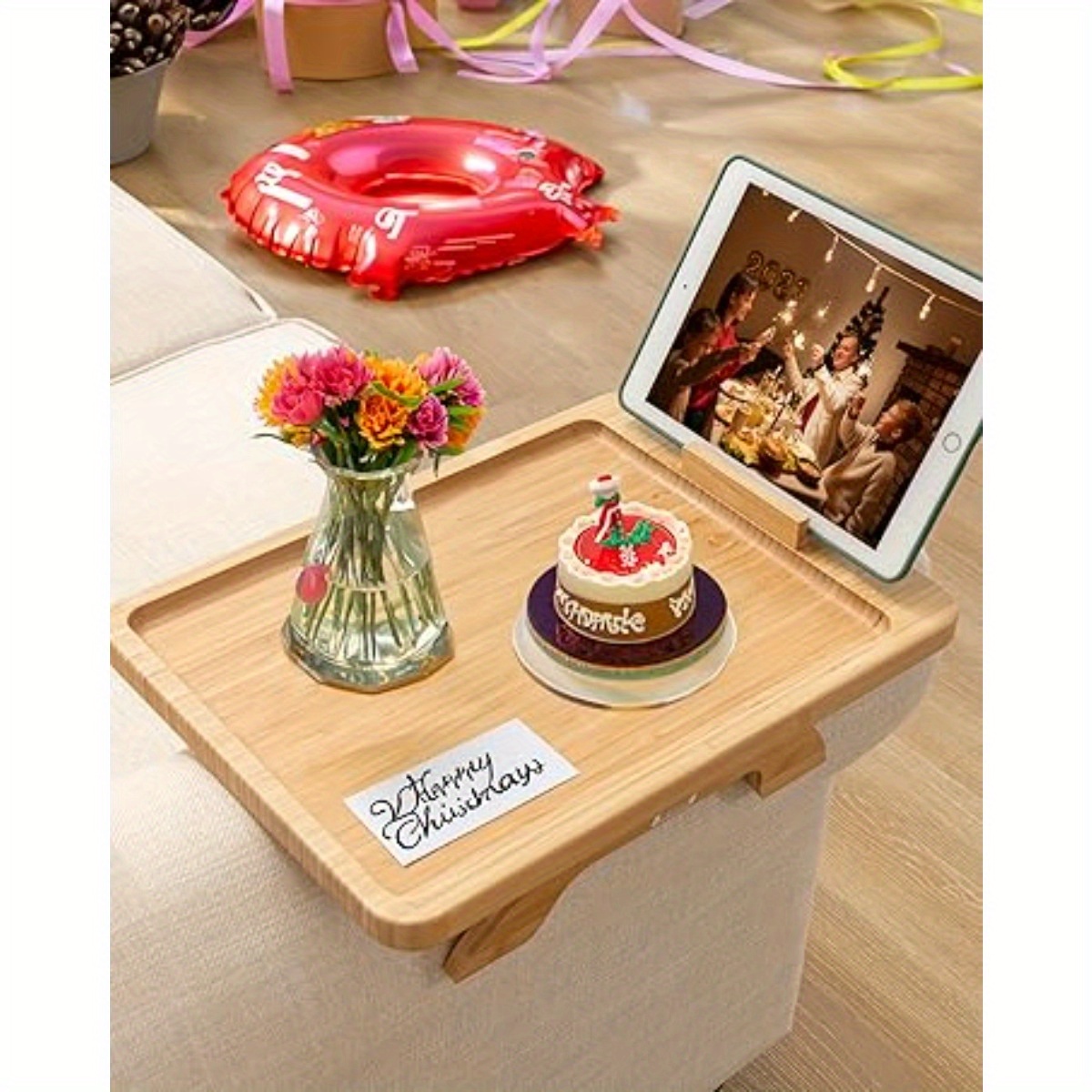 elegant bamboo couch arm tray with 360 phone holder foldable sofa side table for snacks drinks remote control details 0