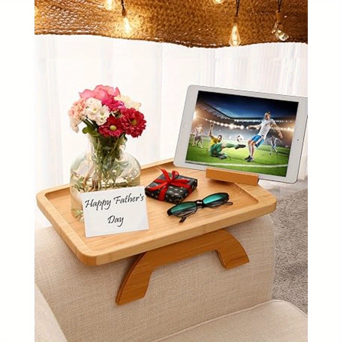 elegant bamboo couch arm tray with 360 phone holder foldable sofa side table for snacks drinks remote control details 1