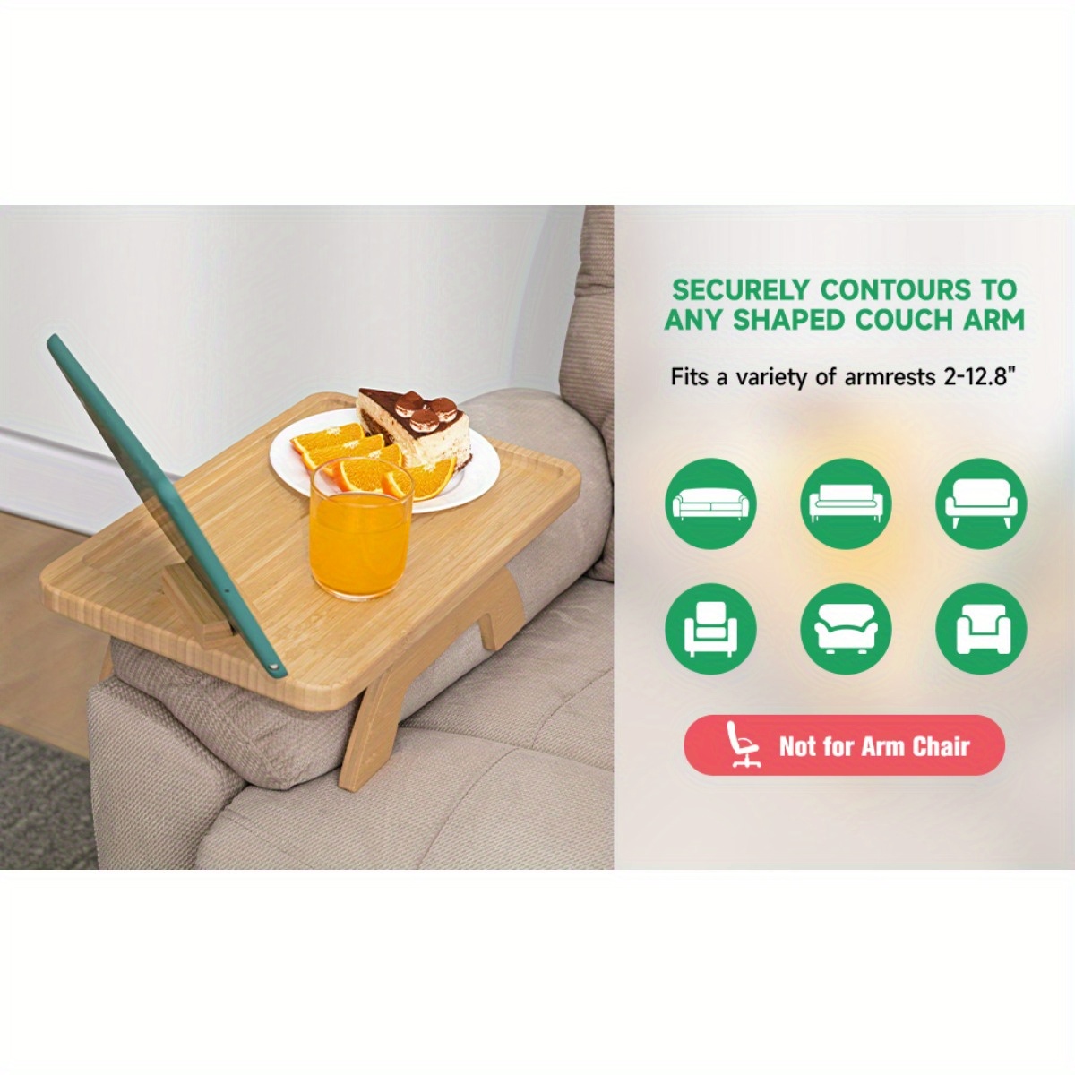 elegant bamboo couch arm tray with 360 phone holder foldable sofa side table for snacks drinks remote control details 2