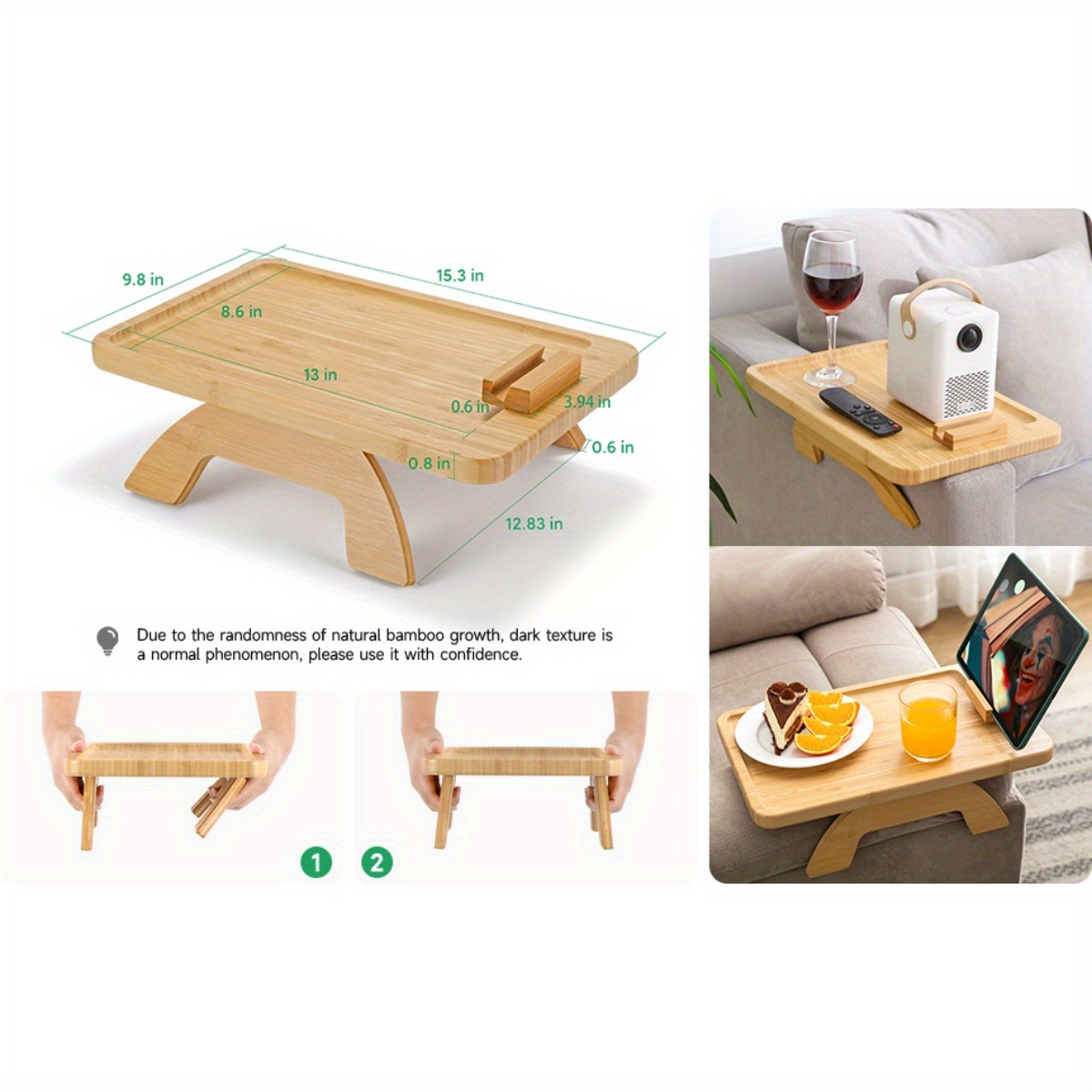 elegant bamboo couch arm tray with 360 phone holder foldable sofa side table for snacks drinks remote control details 5