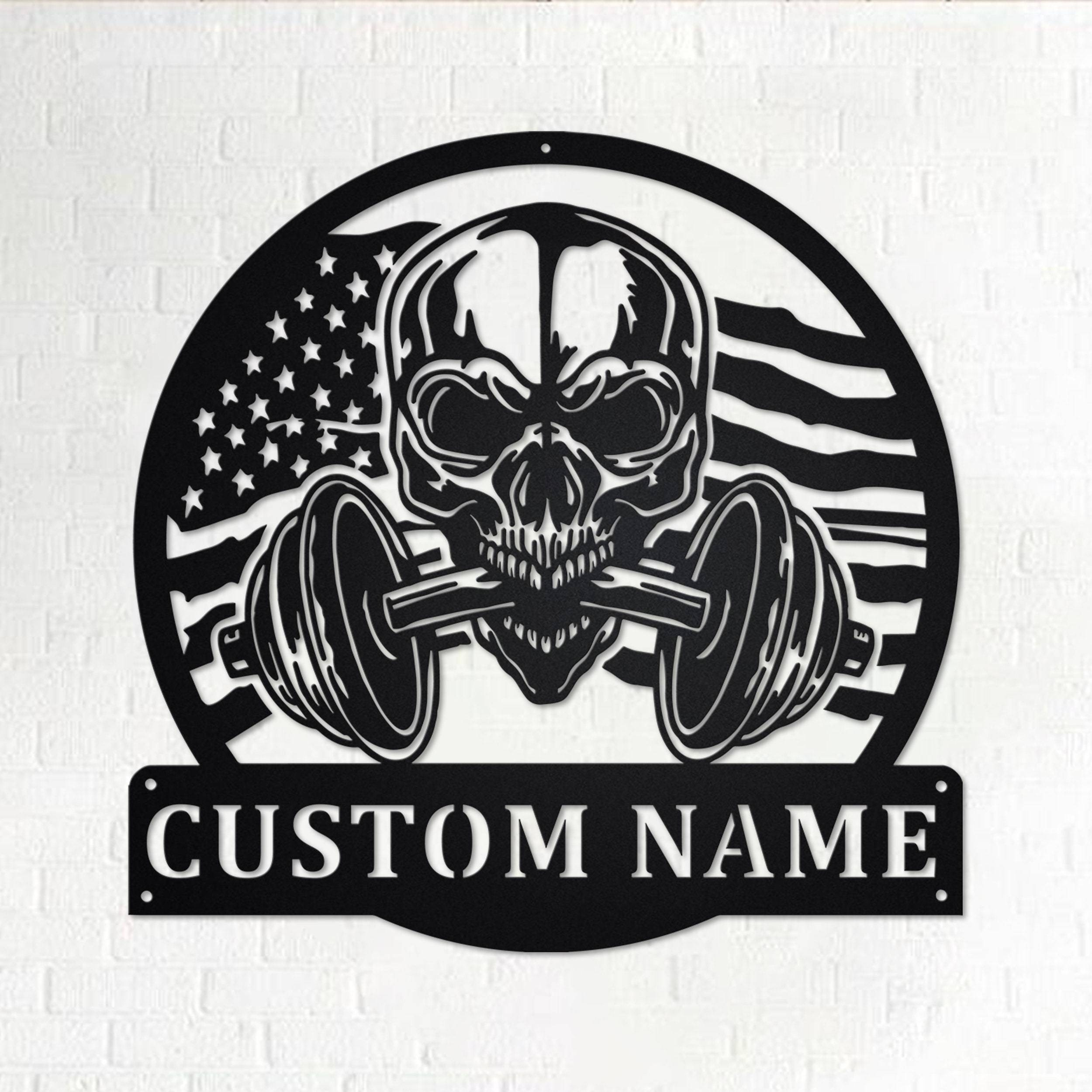 customizable us flag skull gym   weatherproof metal sign for fitness enthusiasts black details 1