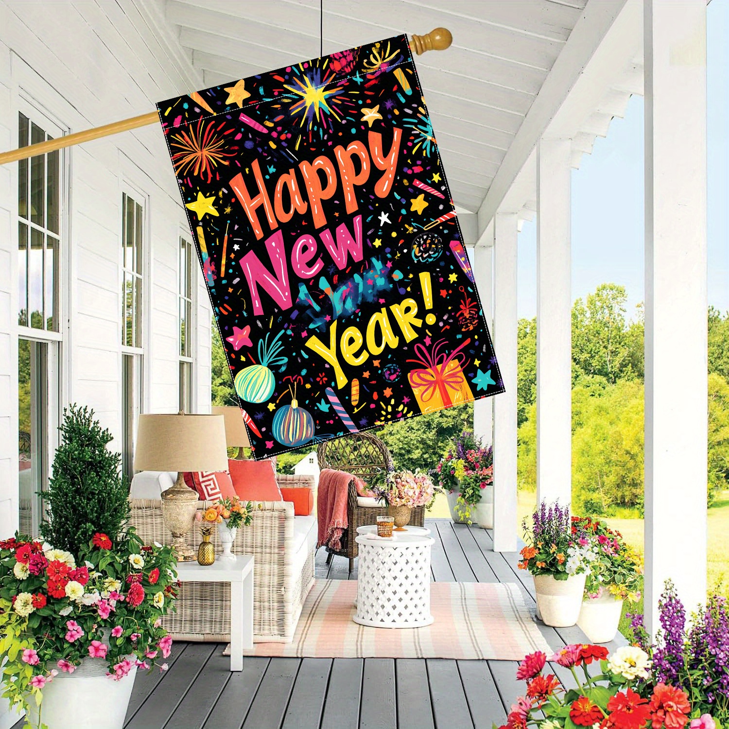 

Happy New Year Celebration Flag - 1pc, Double-sided Polyester Garden Flag With Fireworks And Balloons Design, 28x40 Inch, Weather-resistant Outdoor And Lawn Decoration - No Electricity Needed