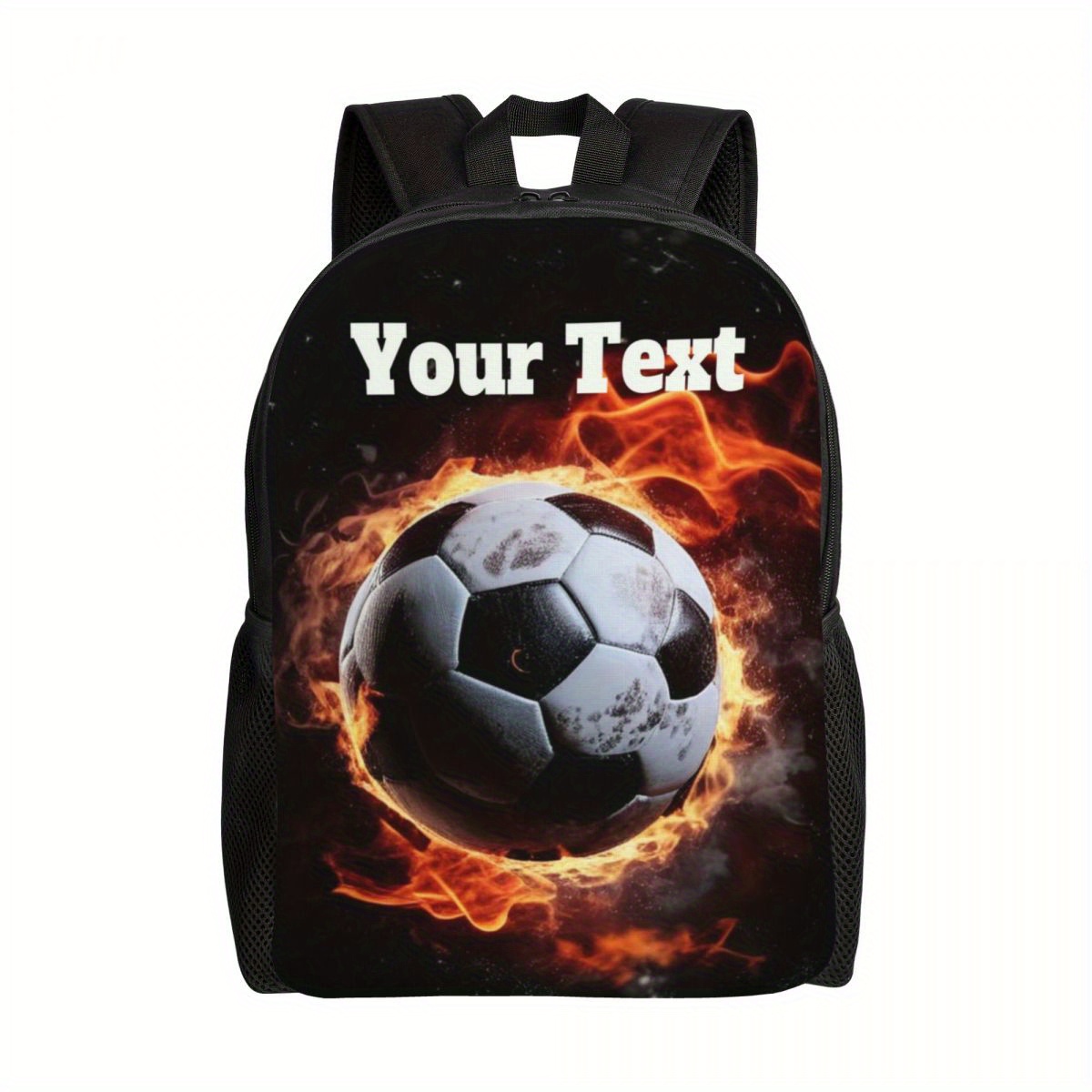 TEMU Personalized Football/soccer Backpack With Your Text/logo - Heavy-duty Large Capacity Backpack With Flame & Football Design, Ergonomic Padded