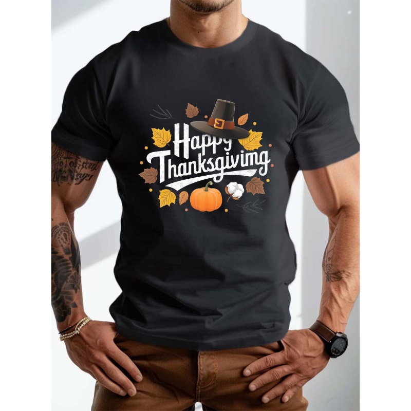 

Plus Size Casual Crew Neck T-shirt For Men - 100% Polyester Knit Fabric, Slight Stretch, Geometric Pumpkin Happy Thanksgiving , Regular Fit Short Sleeve Tee For Summer &