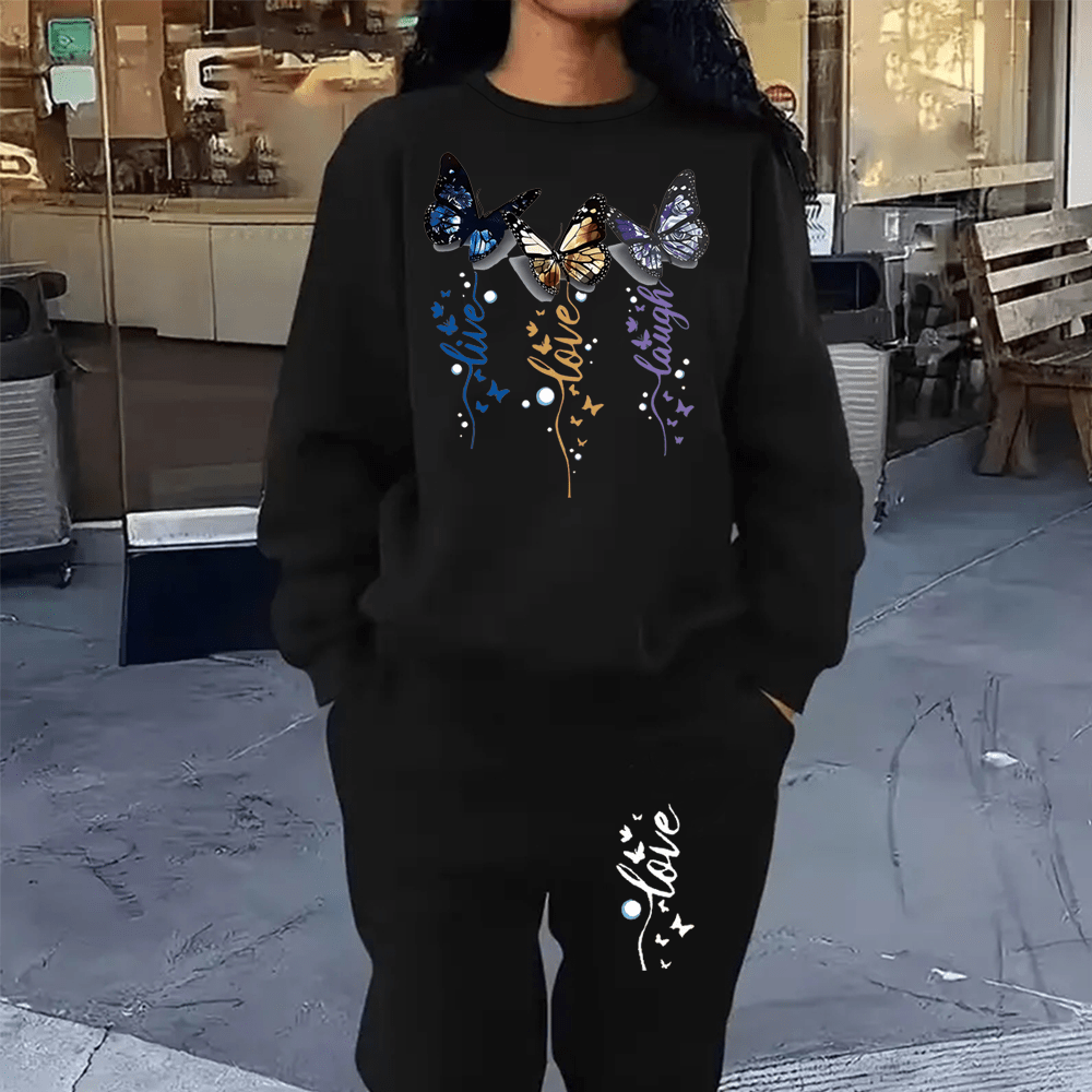 

Cozy Plus Size Women's Sweatshirt & Joggers Set - Casual Butterfly Print, Fleece-lined, Round Neck, Machine Washable