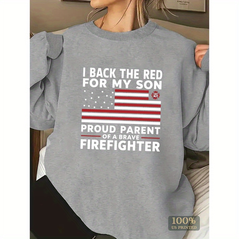 

Women's Patriotic Firefighter Flag Crew Neck Sweatshirt - Cozy Polyester, Non-stretch, Machine Washable - Fall/winter