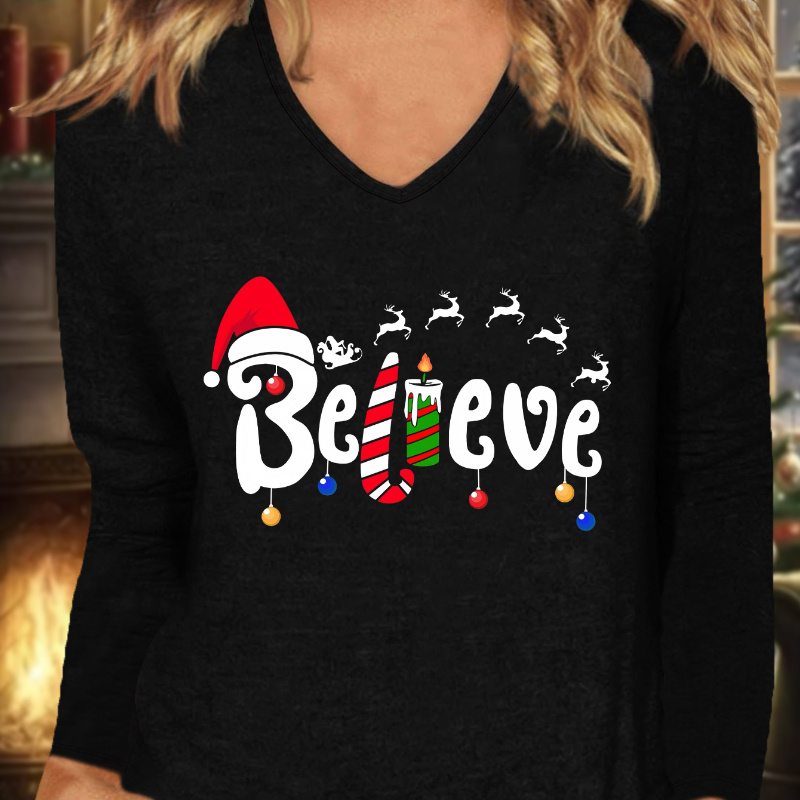 

Christmas Print V Neck T-shirt, Casual Long Sleeve T-shirt For Spring & Fall, Women's Clothing