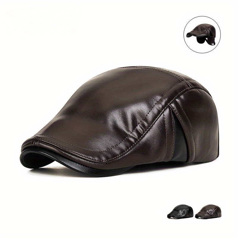 

Men's Winter Faux Leather Cap With Ear Flaps - , Windproof & Cold-resistant For Middle-aged And Elderly