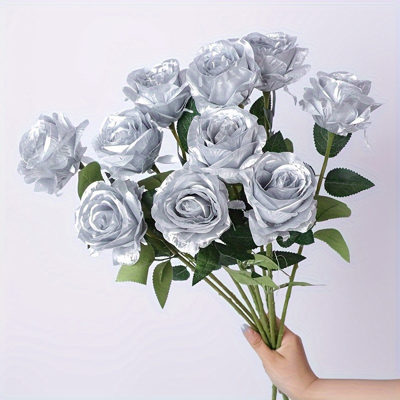 

5pcs/10pcs Silvery Simulation Roses Wholesale Cross-border Hot Selling Single Branch Black Bar Decoration Silk Halloween Christmas Harvest Festival Party Decoration