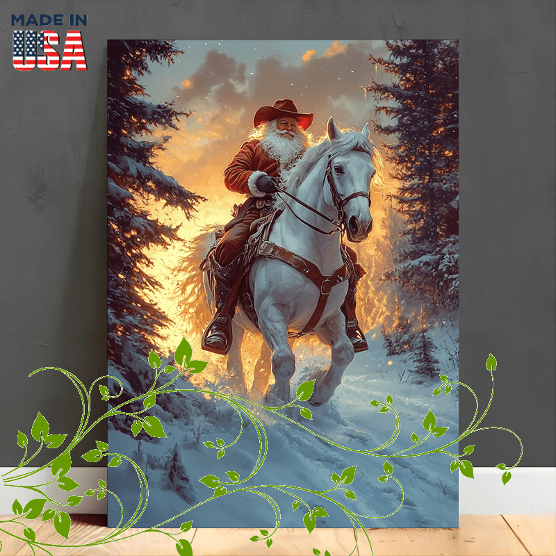 

1pc Wooden Canvas Painting Print Christmas, Santa Claus, Cowboy Hat, , Snow, Winter , Ride.(1) Scenery Artwork Decoration Gift