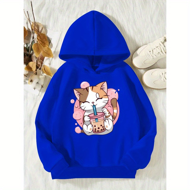 

Cozy & Cute Cat Drinking Hoodie For Girls - Casual Long Sleeve Pullover With Kangaroo Pocket, Fall/winter Outdoor Activities