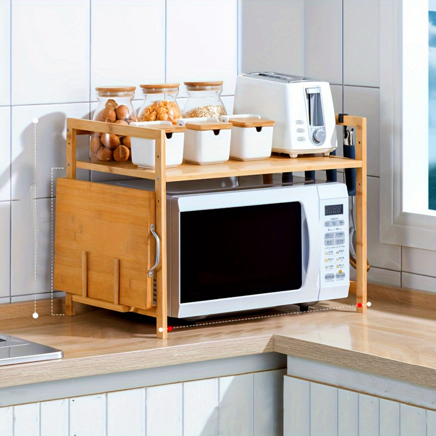 

Bamboo Microwave Stand With Spice Rack - Polished , Kitchen Organizer For Oven & Storage