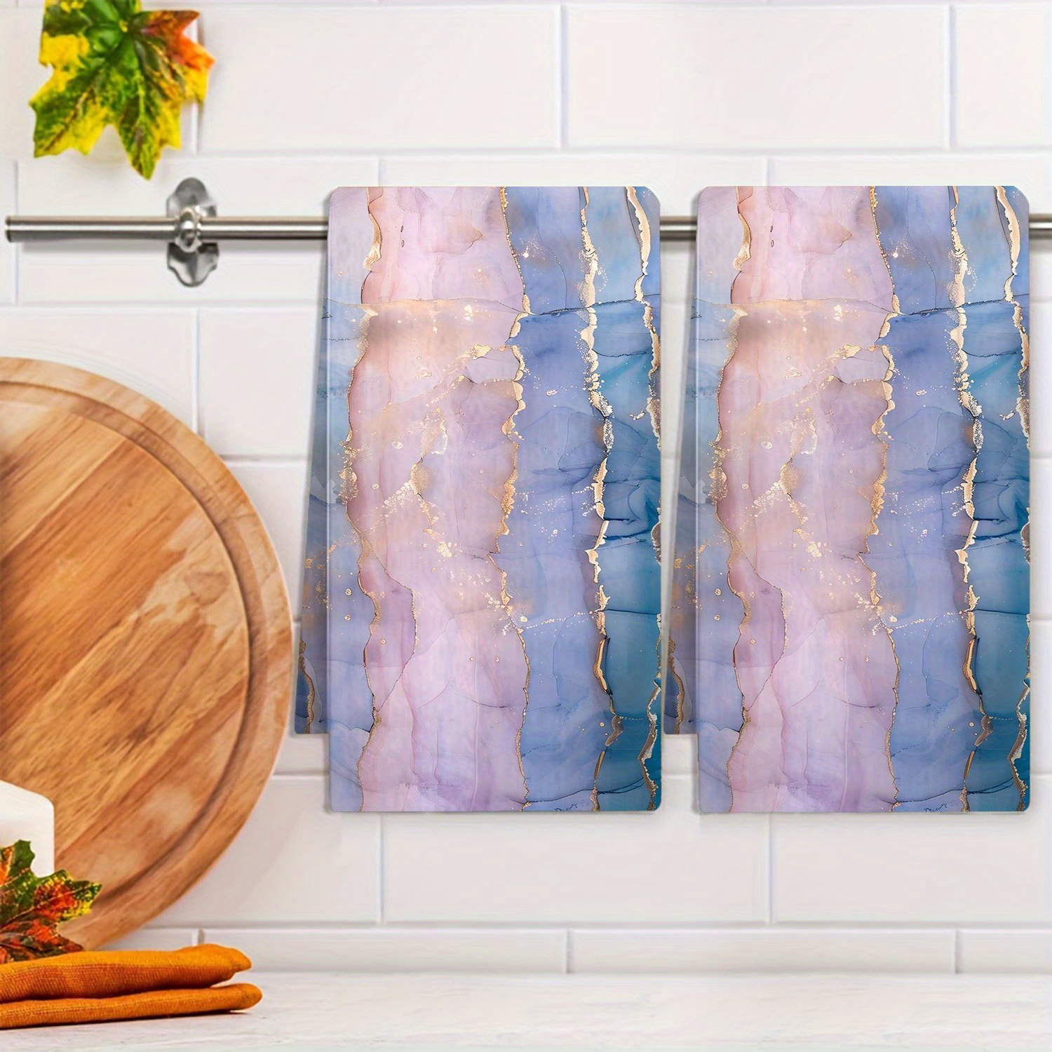 

1pc Blue And Golden Accent Kitchen Towel, 240gsm Polyester, Print, Rectangular, Bathroom Decor Towel For Home Use