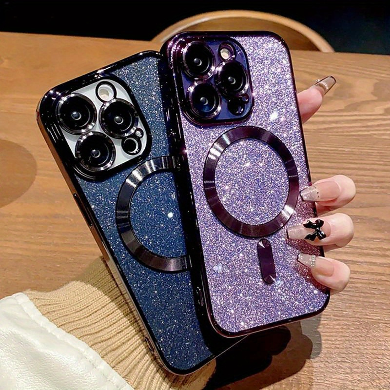 

Electroplate With Lens Protector Phone Case For Iphone 15 14 11 Pro Max For Magnetic Wireless Charge Bumper Glitter Cover