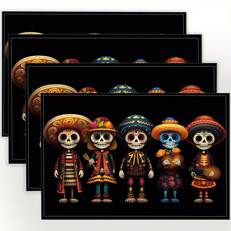 

Linen Table Mats - 2/4 Pack, Hand Wash Only, Dia De Los Muertos Print, Non-slip, Heat Resistant, Woven Rectangle Placemats For Dining, Coffee Table, Home Decor, Family , Kitchen Use