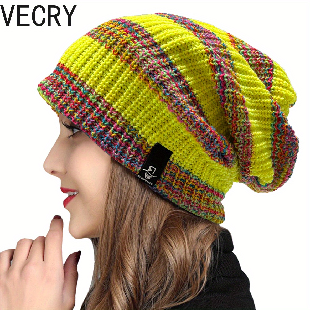 

Vecry Womens Knit Slouch Beanie Stylish Winter Stretch Crochet Soft Colored Stripe Hats