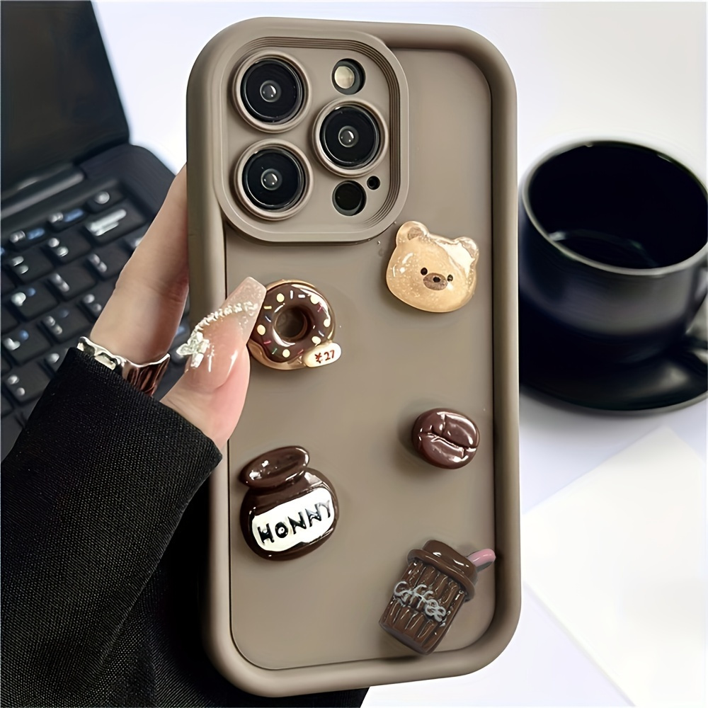 

For Iphone 11 14 15 Cute 3d Bear Coffee Donut Mobile Phone Case Pro Max Cartoon Shockproof Soft Cover