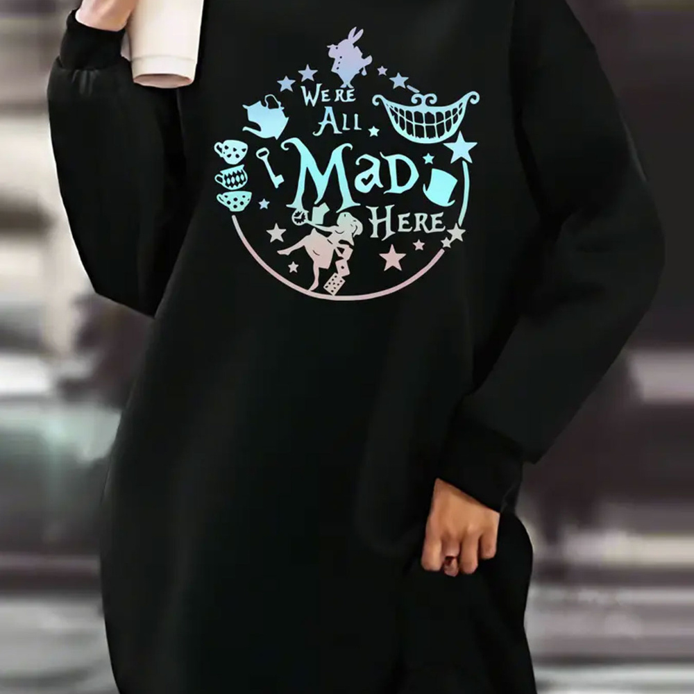 

Plus Size Casual Printed Sweatshirt Dress With "we' Mad Here" Design - Knit Fabric, Polyester 100%, Long Sleeve, Round Neck, Slight Stretch - Fall/winter Women's Sporty Pullover Dress