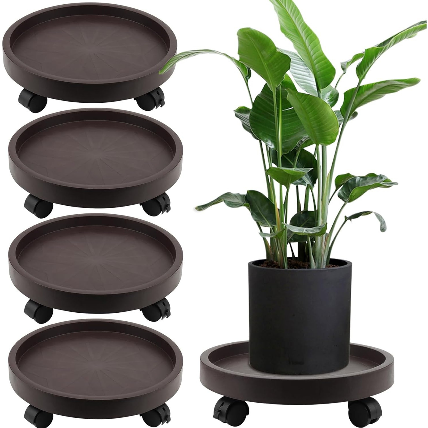 

8 Pack 13 Inch Round With 4 Lockable Wheels, 132 Lbs Capacity Heavy Duty Rolling Plant Stand, Wheeled Planter Saucer Tray Trolley For 11.8 Inch Planter Pot Indoor Outdoor, Brown