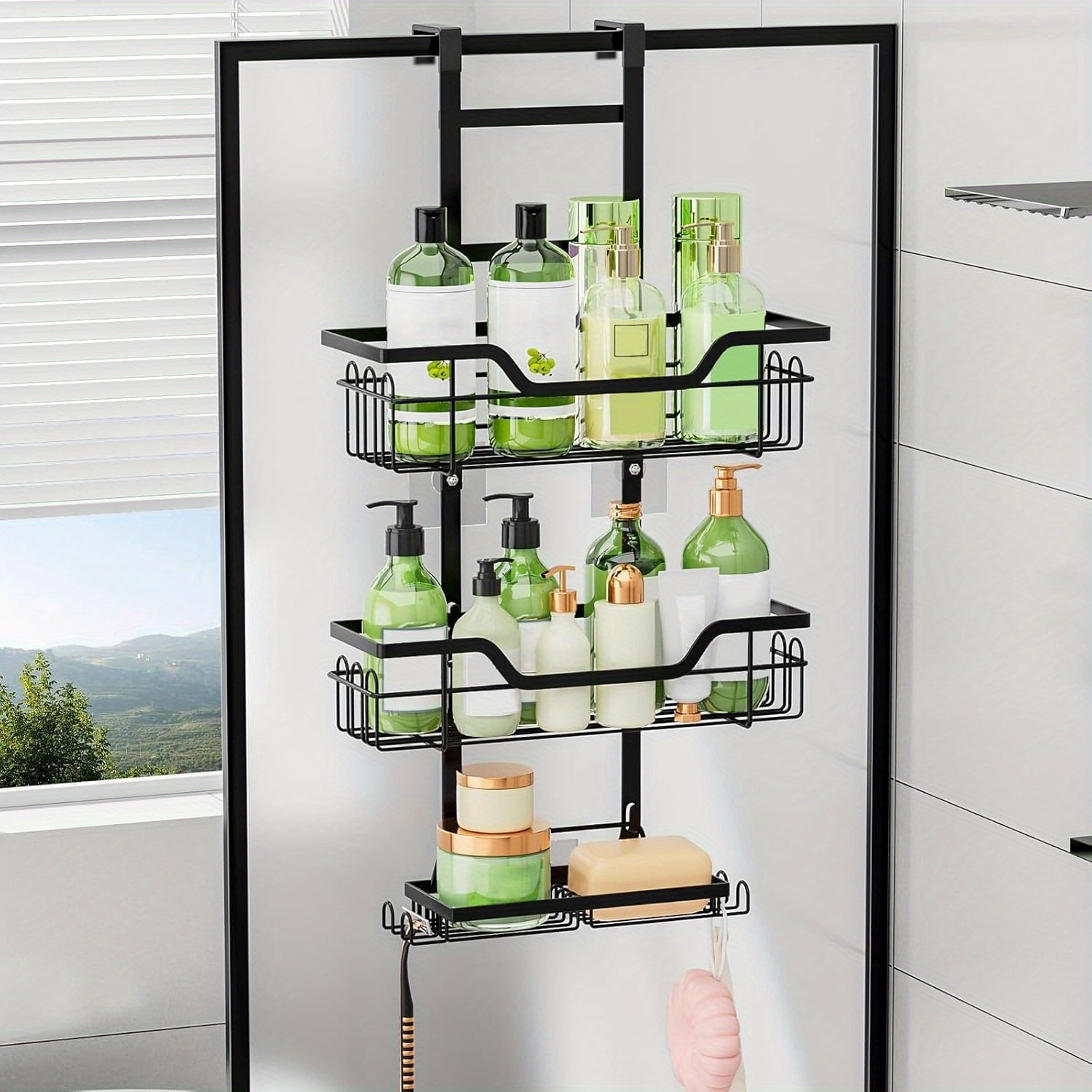 

1 pièce Étagère de douche métallique anti-rouille, Organisateur de porte suspendu, Grand rangement de salle de bain avec paniers mobiles pour shampoo, savon, porte-savon, installation facile