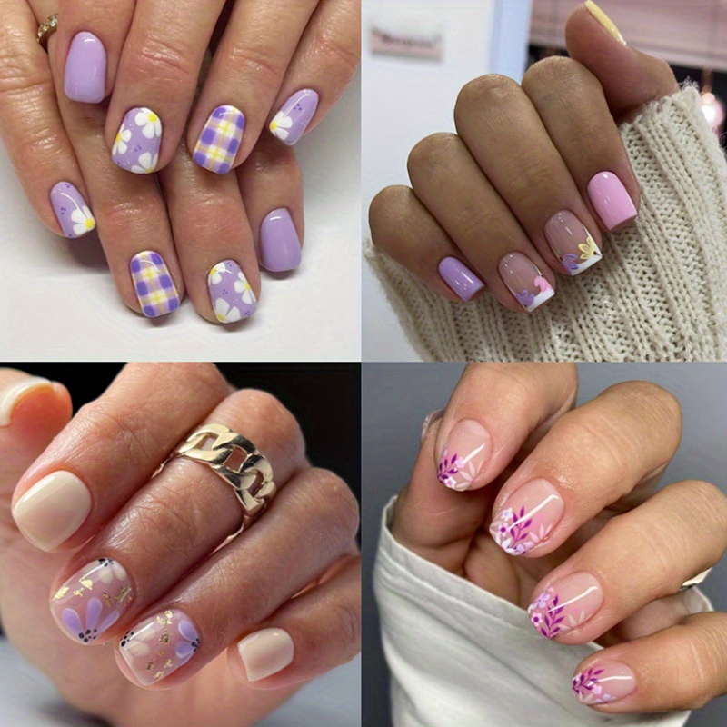 TEMU 4 Sets (96pcs) Short Square Glossy Fake Nails, Lavender Purple & White , Fresh Press-on Nails, Removable Fake Nail Set