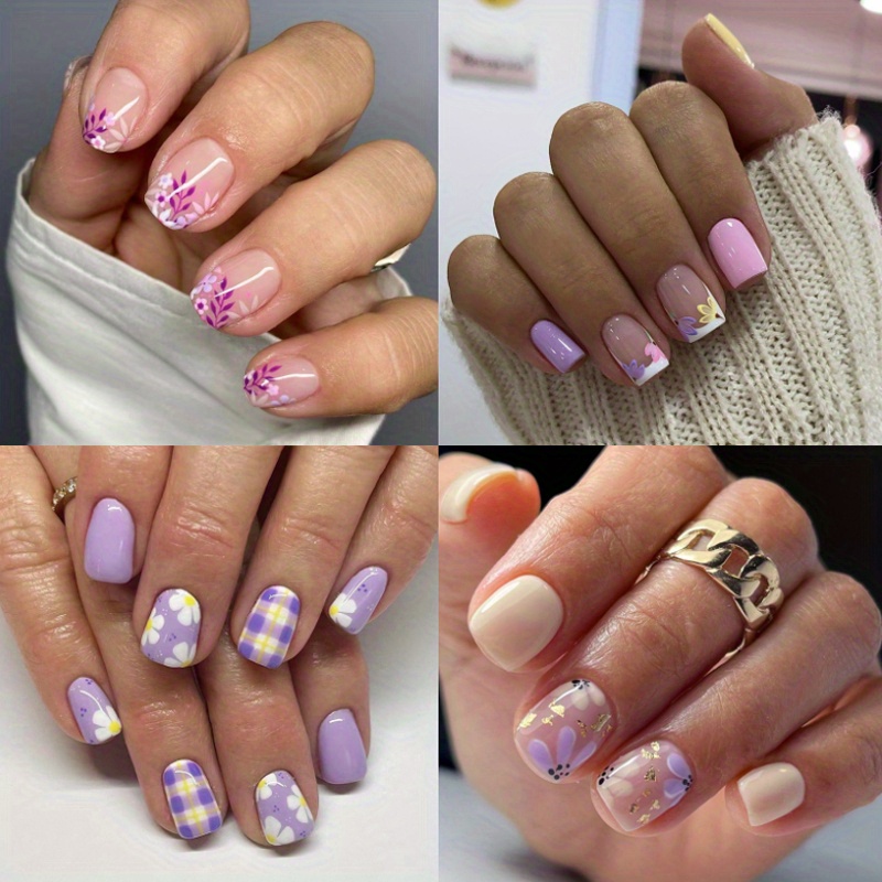 

4 Sets (96pcs) Short Square Fake Nails, Lavender Purple & White , Fresh Press-on Nails, Removable Fake Nail Set