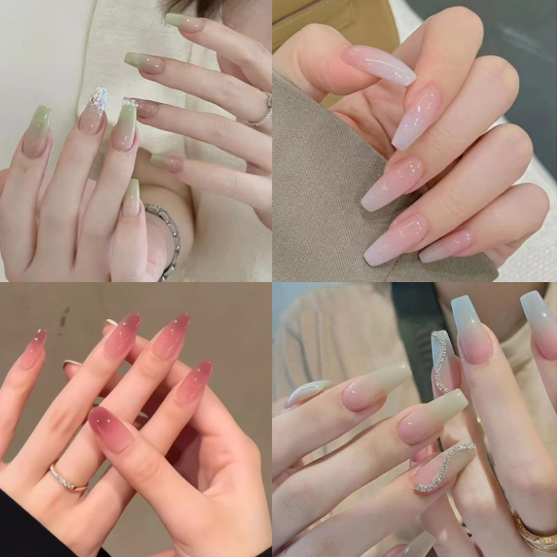 TEMU Set Of 96pcs (4 Packs) Featuring Gradient French Tip Press-on Nails In A Long , With Rhinestones. Artificial Acrylic Nails Are Fully Covered,