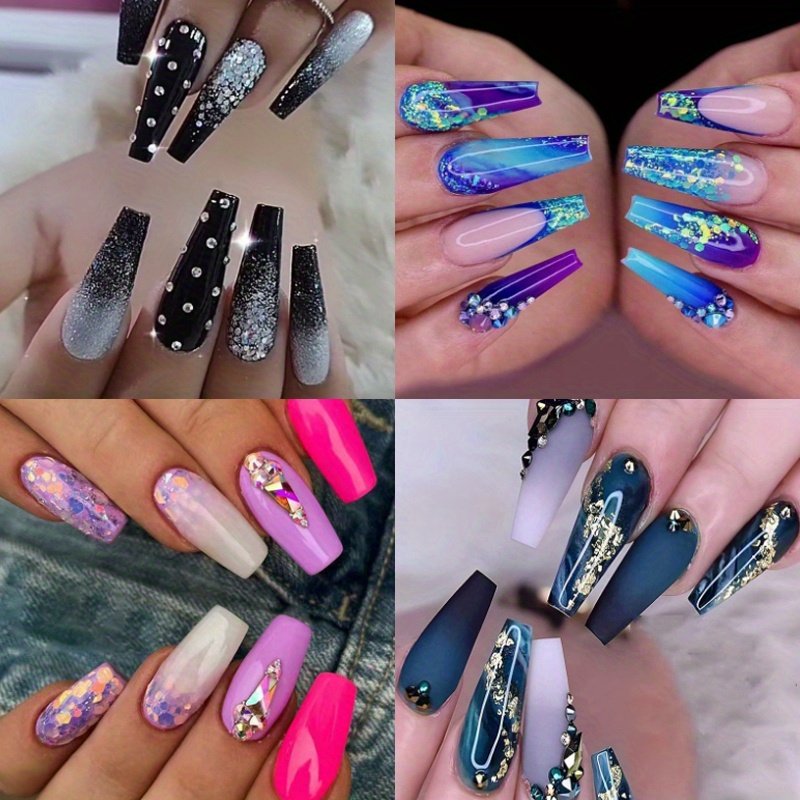 

96pcs (4pcs) Long Length Coffin Press On Nails, Gradient Fake Nails With Sequins Designs, Acrylic False Nails For Womenand Girls