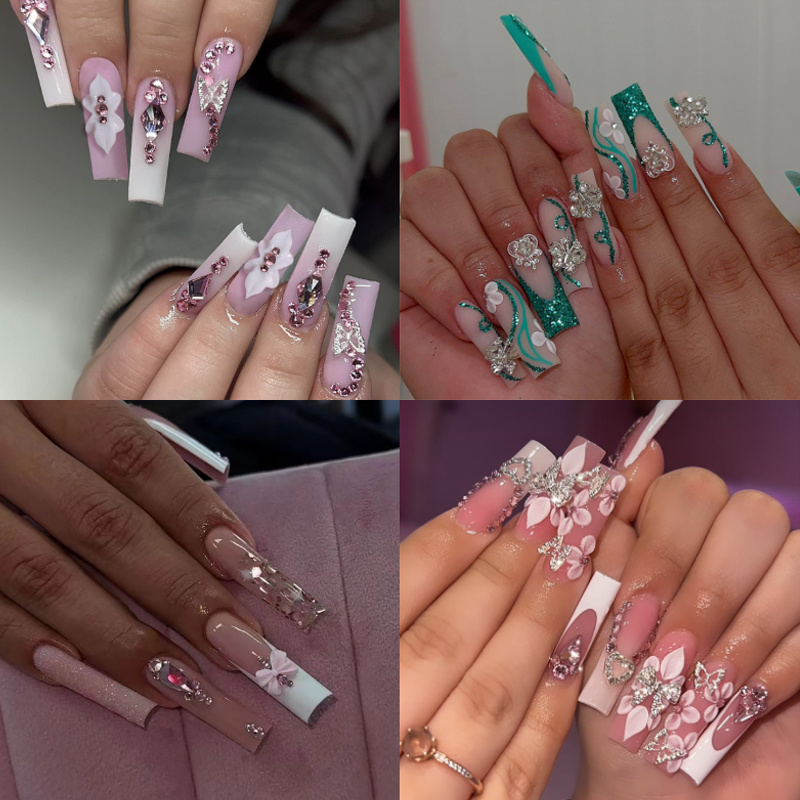 TEMU 96pcs European And American Press-on Nails Gorgeous Sweet Cool Flashy Broken Glitter Flowers Water Pipe Long Fake Nails Combination Set Suitable