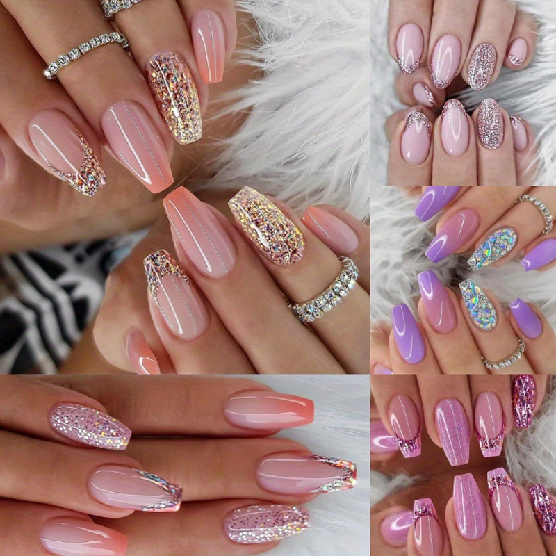 TEMU 5pcs 120pcs Sparkling Glitter Coffin Nails - Medium Length With Sequins Designs Durable Glossy Purple Acrylic - Full Cover False Nails For Women--on, Secure Glue-on, Nail Art, Press On Manicure,