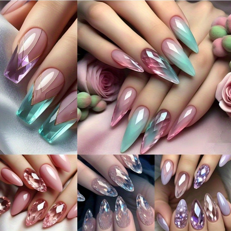 

120pcs Mixed Shaped Nail Tips Set Withgradient , Middle Length Cat With Jelly Glueand Nail File Included