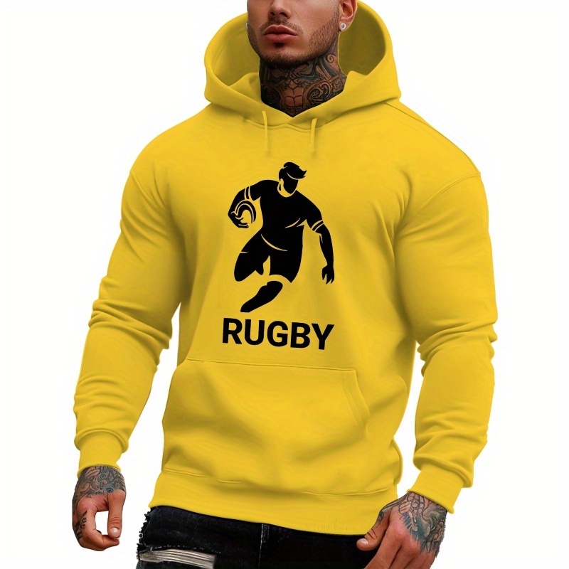 

1pc Sweat à capuche imprimé rugby pour homme - Manches longues, en polyester, sweat-shirt en peluche d'hiver avec lettrage, coupe standard, tissu élastique, poids 200g/m²