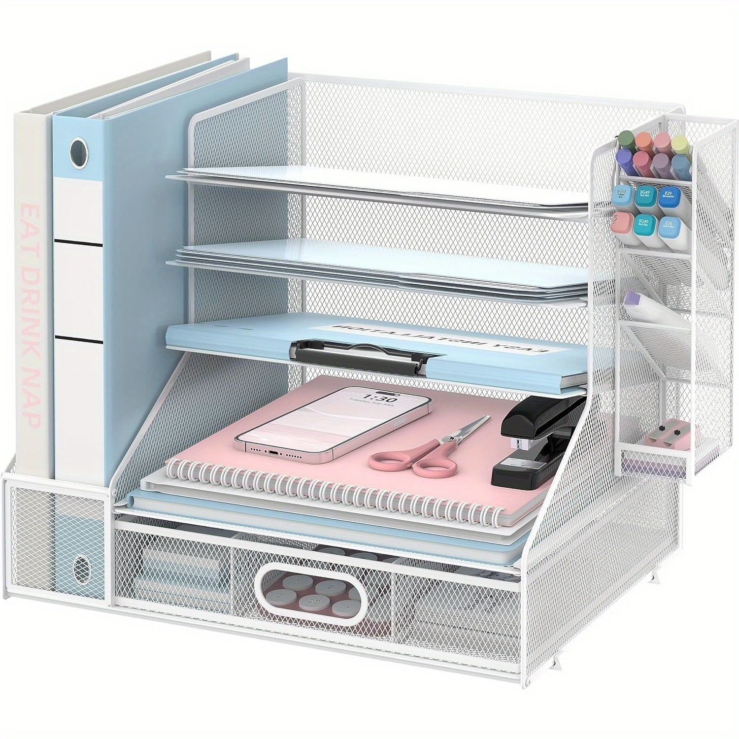 Daltack 5-tier Grid Paper Letter Tray Organizer, File Sorter With Pen Holder And Drawer, Desk Organizer And Storage Cabinet