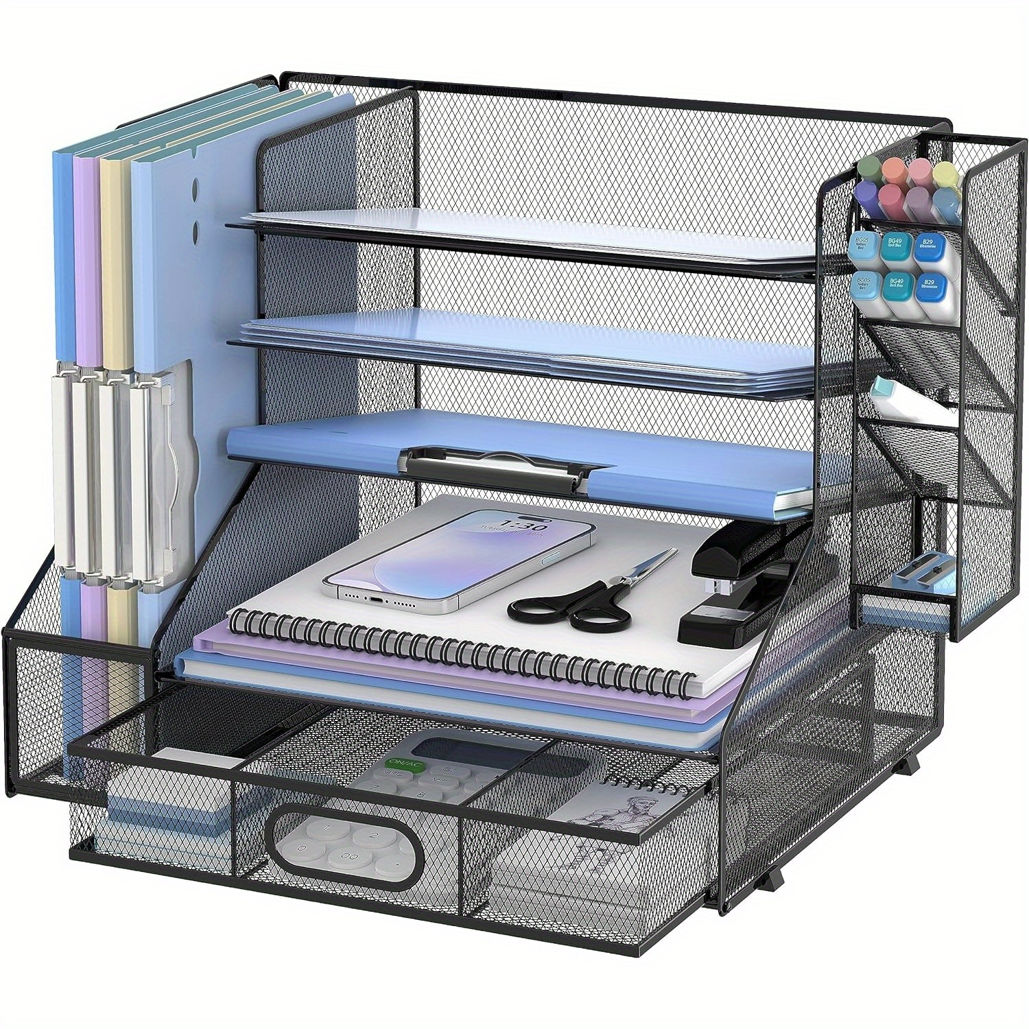 Image of Daltack 5-tier Grid Paper Letter Tray Organizer, File Sorter With Pen Holder And Drawer, Desk Organizer And Storage Cabinet