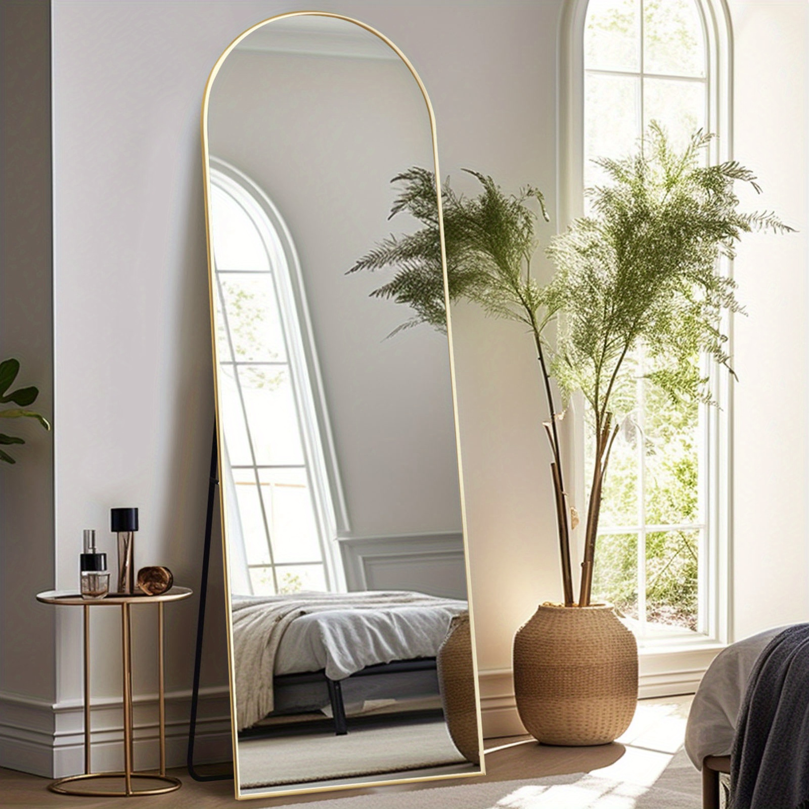 Large Arched Full-Length Mirror - Oversized Floor-Standing Bathroom Mirror with Polished Glass, Wall-Mounted or Leaning Design for Bedroom, Entryway, Hallway - Black, Bathroom Mirrors for Wall, Bedroom Mirror, Modern Arched Mirror, Elegant Frame