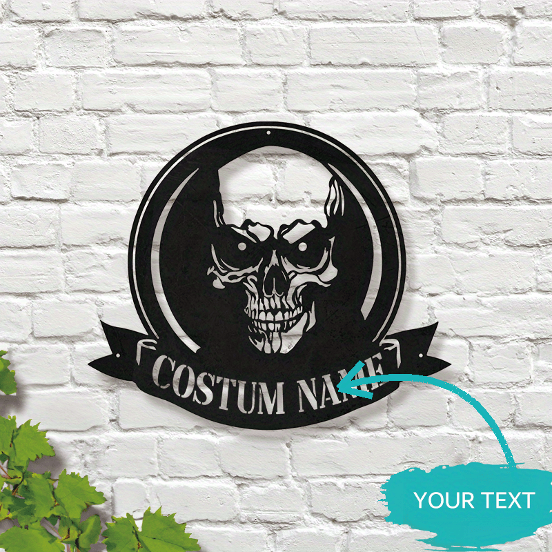 personalized skull metal wall sign custom name plaque black no power needed   halloween   decor details 1