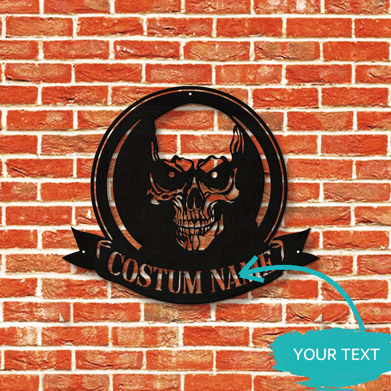 personalized skull metal wall sign custom name plaque black no power needed   halloween   decor details 3