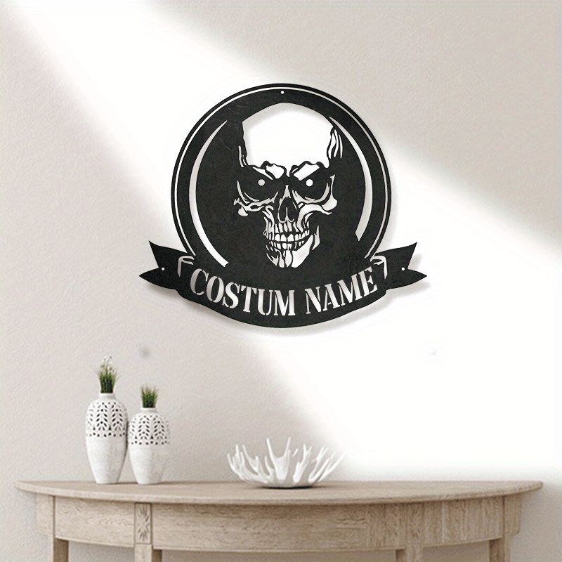 personalized skull metal wall sign custom name plaque black no power needed   halloween   decor details 4