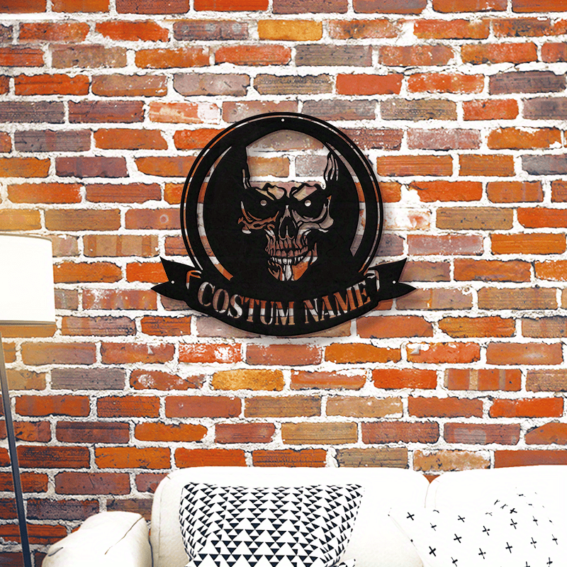 personalized skull metal wall sign custom name plaque black no power needed   halloween   decor details 5