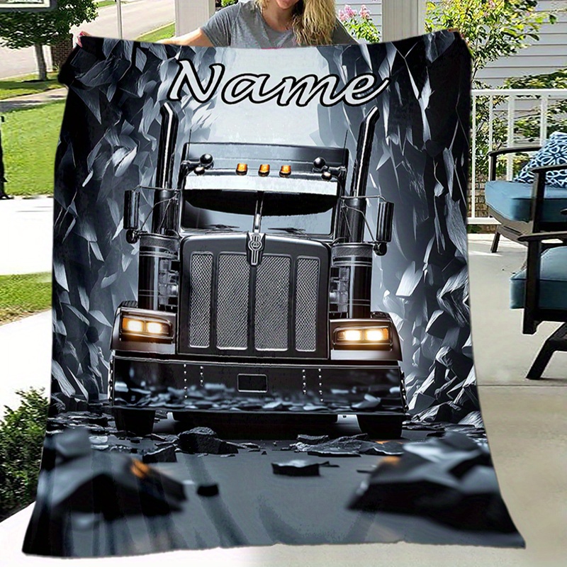 

Customizable Name Blanket With Truck Design, Polyester Soft Warm Throw For Napping, Camping, And Travel - Personalized Gift For