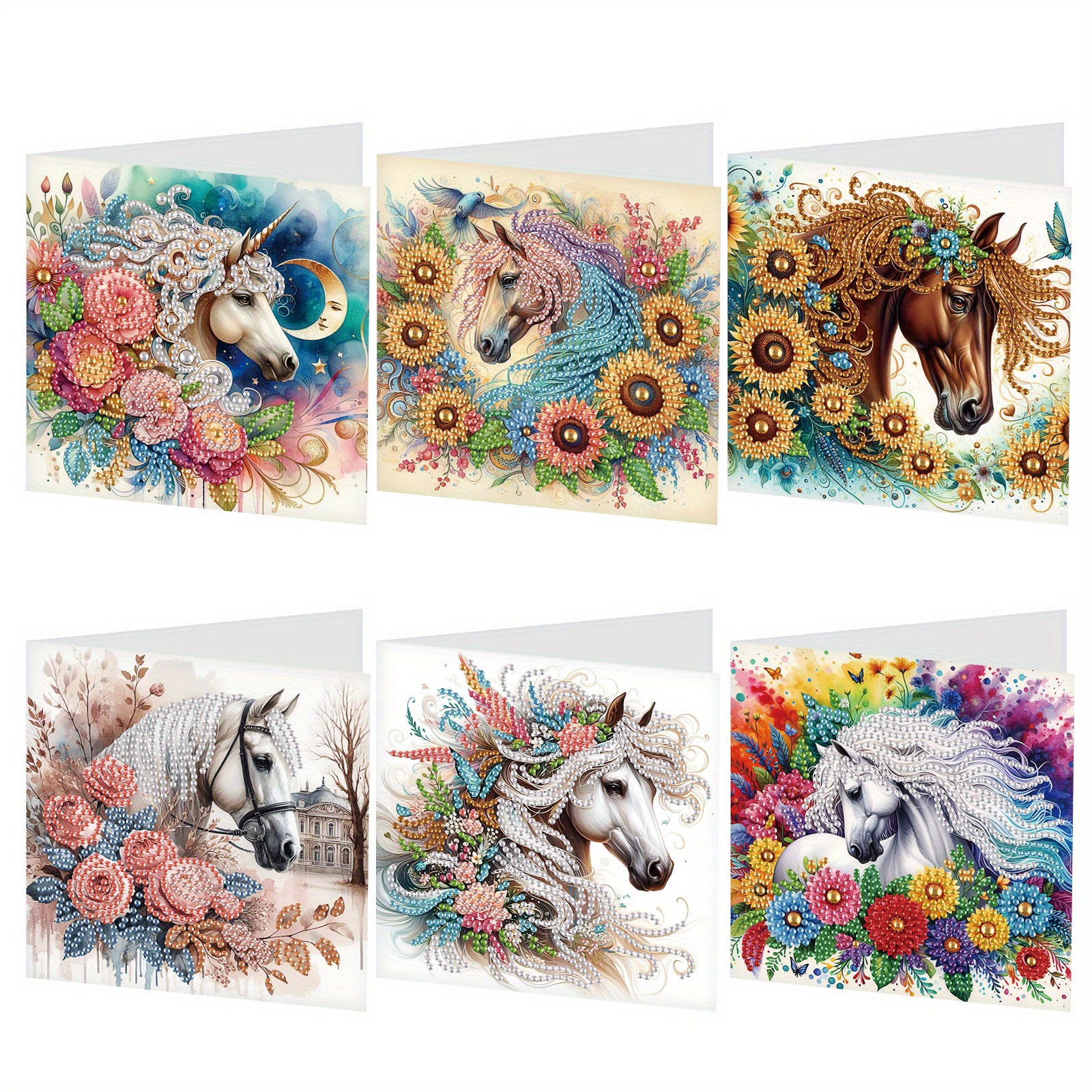 

6pcs Diy Diamond Art Painting Greeting Set - Horses & , Kit For Adults | Unique Shaped Diamonds | Christmas & Cards