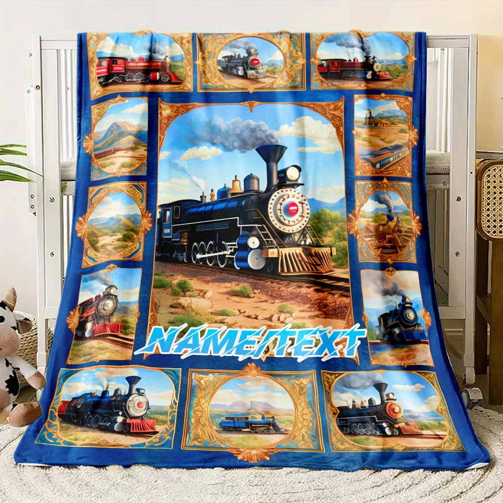 TEMU Couverture personnalisée 1pc avec nom et motif de train - Couverture en flanelle légère pour canapé, lit, voyage, salon, bureau, divan et lit -